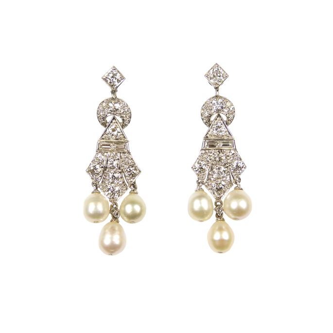 Pair of diamond and pearl triple drop pendant earrings | MasterArt